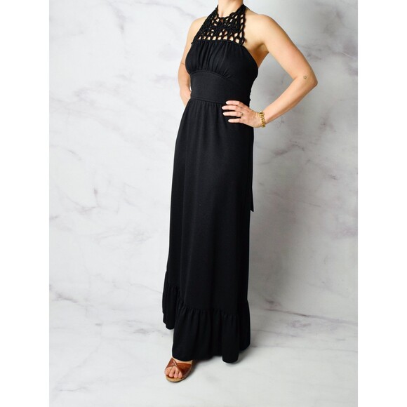 1970s Spiderweb Halter Dress Size Small 70s Halter Gown Vintage Black Maxi Dress - Picture 8 of 9